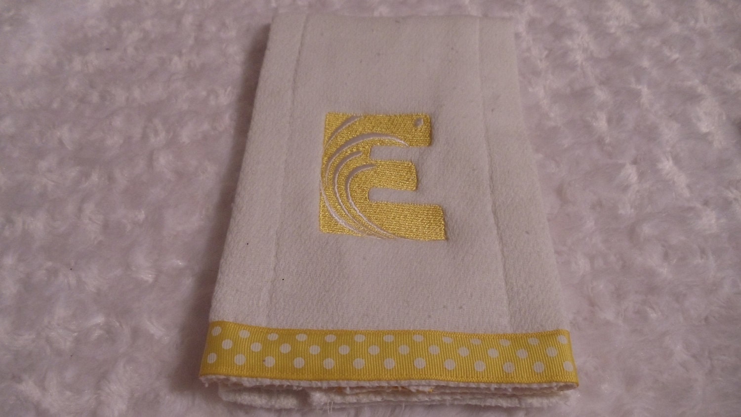 Baby Burp Cloth 4"Satin Swirl Font  White Polka Dots on Yellow Ribbon