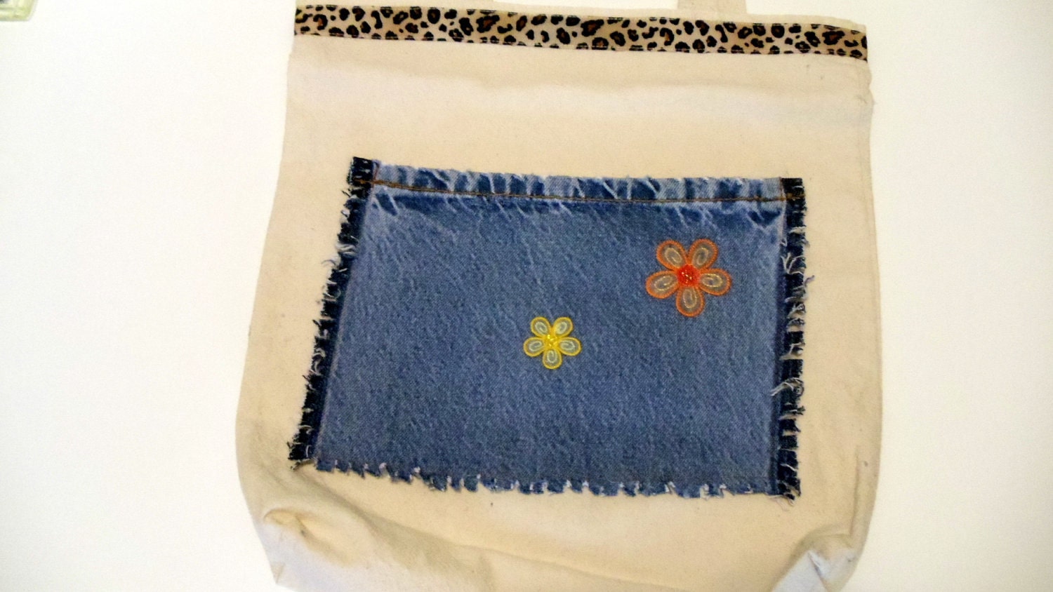 Recycled Jeans Tote Shopping Diaper Bag- Hippie Flowers