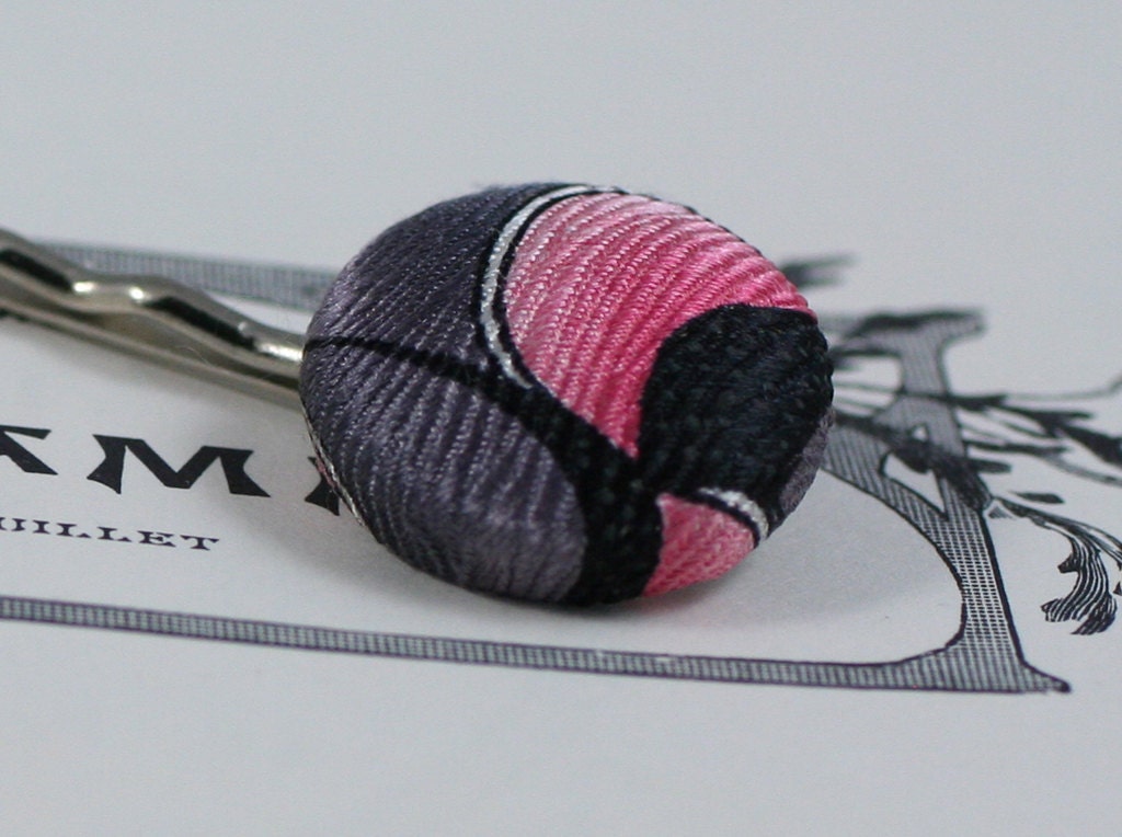 Handmade Bobby Pin with Pink Hued Fabric Button