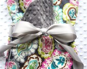Baby Girl Large 35" x 29" Stroller Blanket in Roco Beat Paisley Fuschia, Aqua, Teal, Gray, Lime Green with Charcoal Gray Minky