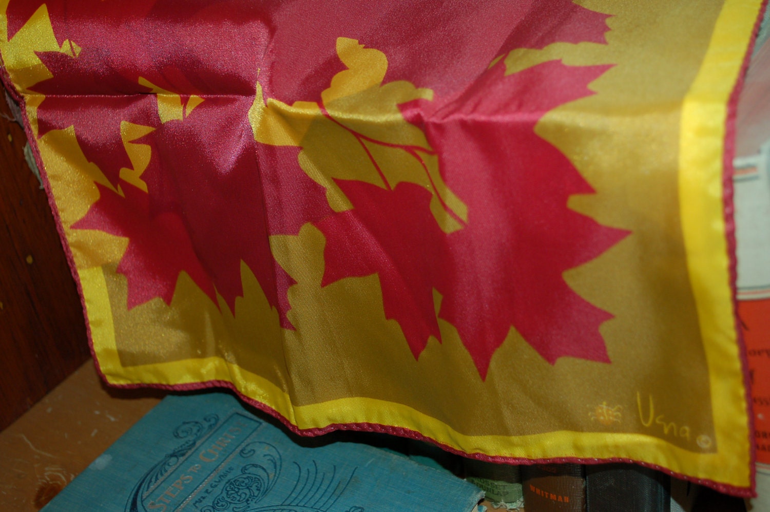 Vintage Vera Scarf New Gold Burgundy Red Wine Yellow Hand Rolled