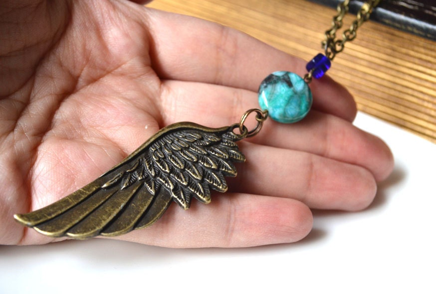 SALE. Bohemian Feather and Stone Angel Wing Necklace. Angel Wing Layering Necklace