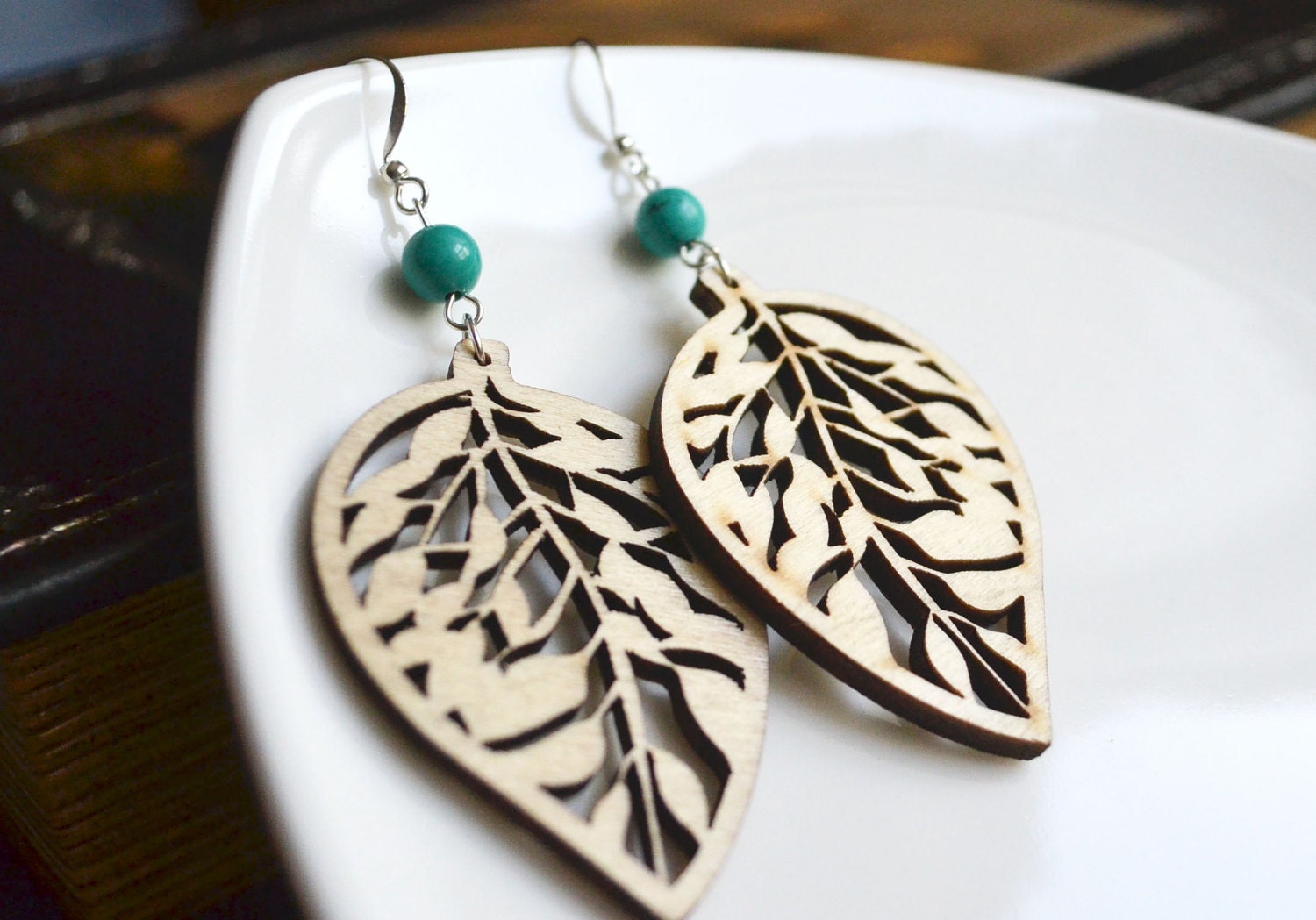 Cutout Wood Earrings. Bohemian Nature Inspired. Woodland Leaf Turquoise Bead. Wooden Jewelry.