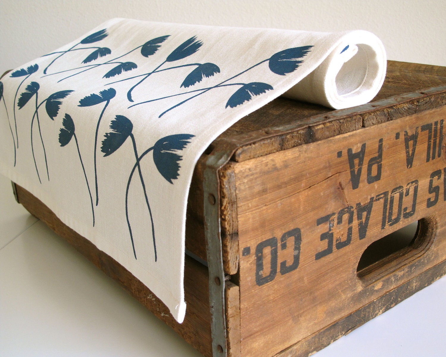 Screen Printed Teal Flower Table Runner by Cloth & Ink