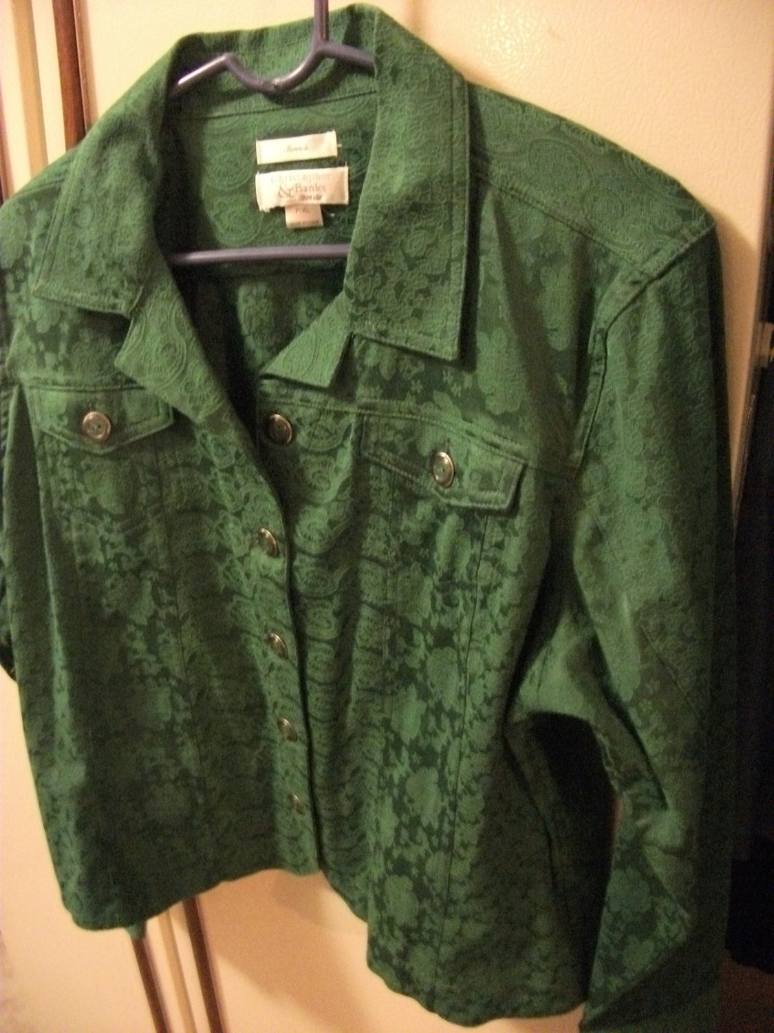 Vintage Green Brocade Jacket by Christopher & Banks has Front Pockets Size Large Only 10 USD