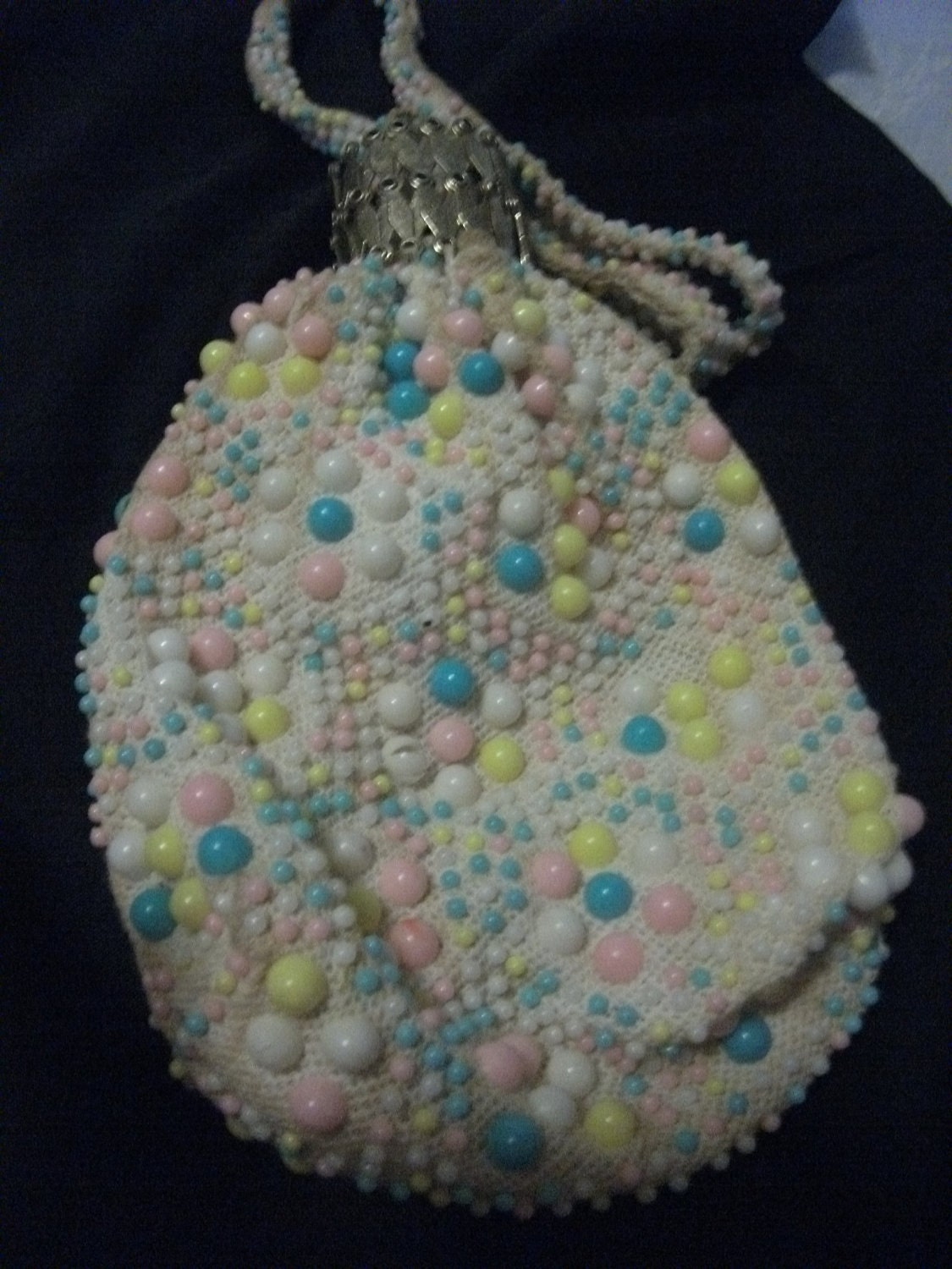 Vintage Reticule Purse with yellow, pink, blue and white beads has Expandable Brass Close Top Shabby Chic Only 5 USD