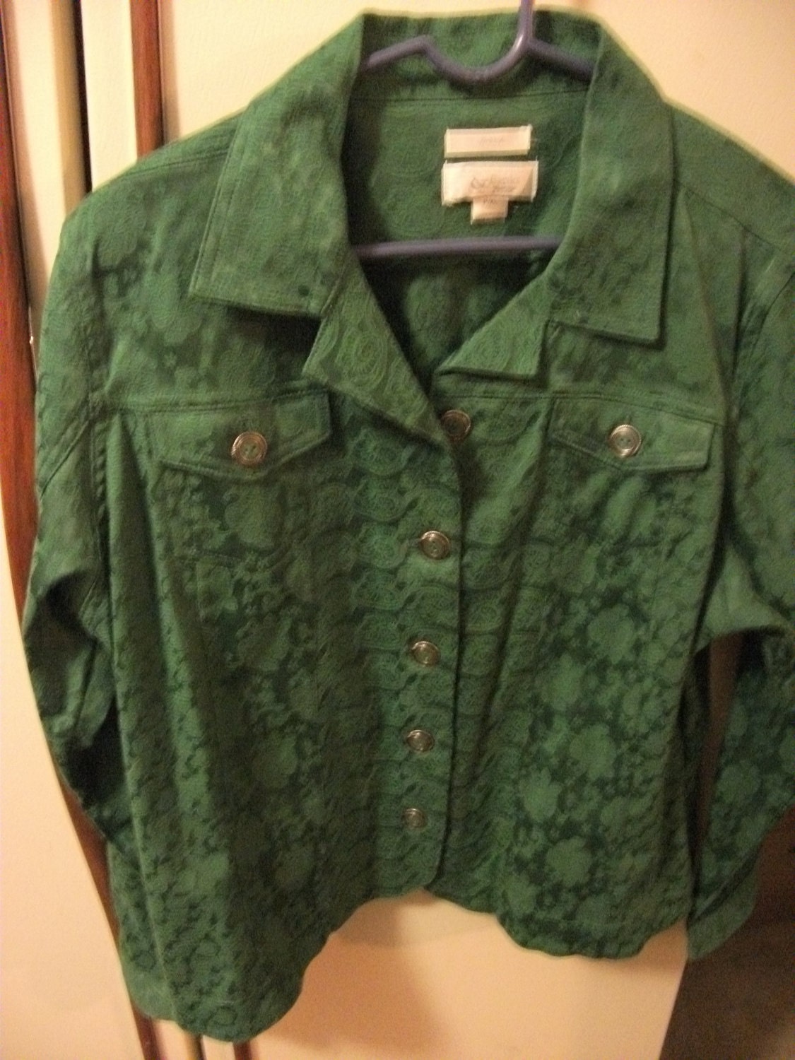 Vintage Green Brocade Jacket by Christopher & Banks has Front Pockets Size Large Only 10 USD