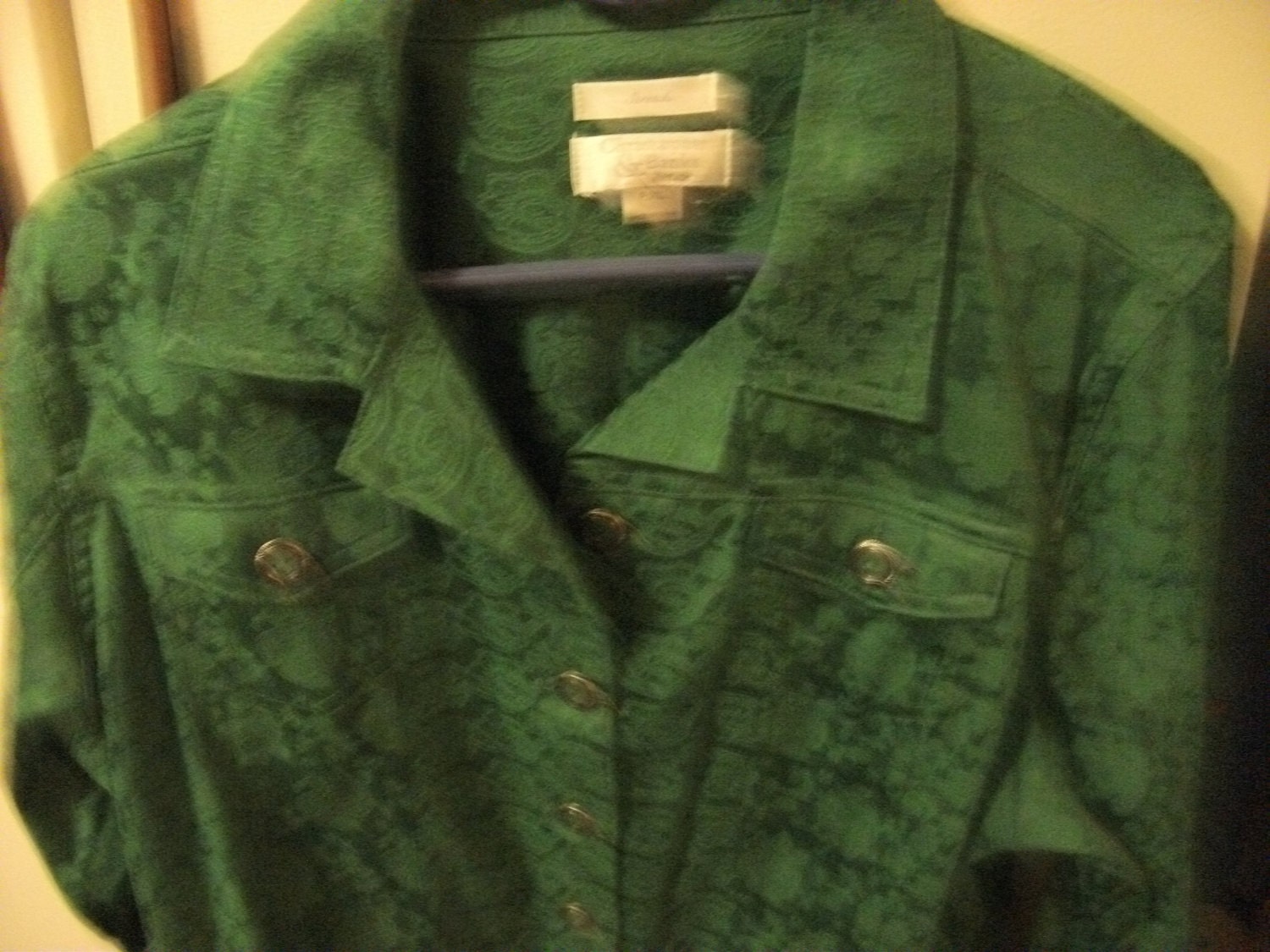 Vintage Green Brocade Jacket by Christopher & Banks has Front Pockets Size Large Only 10 USD