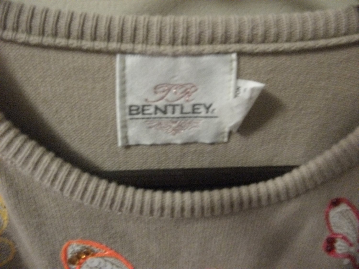 SALE 1/4 Off Vintage Tan Bentley Sweater with Colorful Crystal Trimmed Butterfly Appliques Size Large Now Only 6 USD