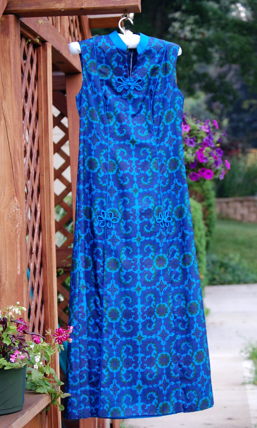 Vintage Blue Silk Asian Style Ethnic Maxi Dress