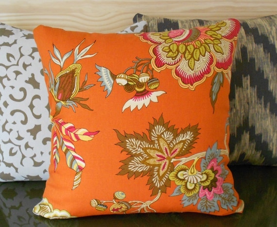 Orange throw pillow, multi color orange floral decorative pillow cover