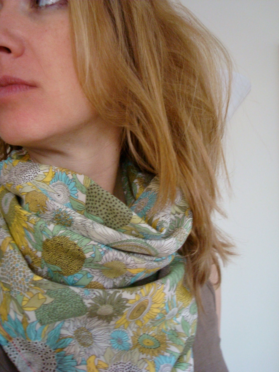 Liberty of London Scarf Bandana Yellow Susanna Sunflower Print with Neon Pink stitch
