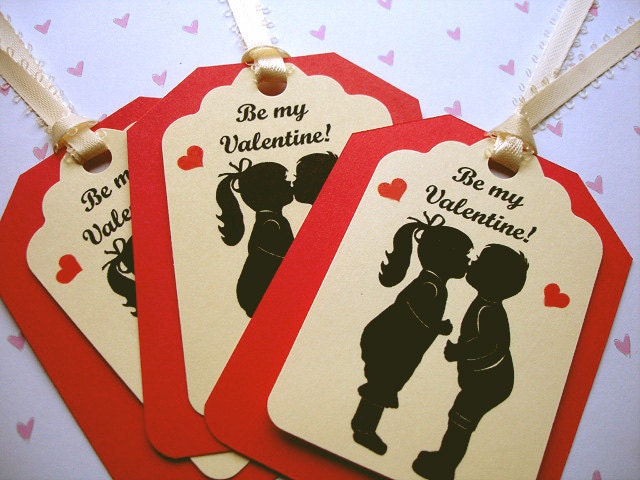 Valentine Hang Tag heart love Silhouette  Set of 3 Handmade boy girl Gift holiday red white couple