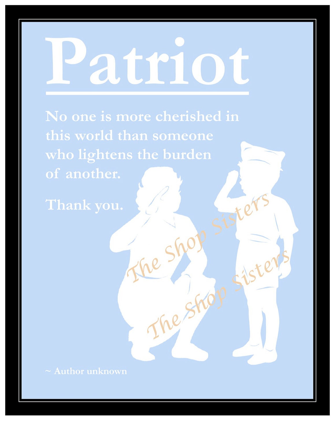 Patriotic Female Soldier and Boy Saluting Silhouette Light Blue 8 x 10 Print Wall art FREE SHIPPING