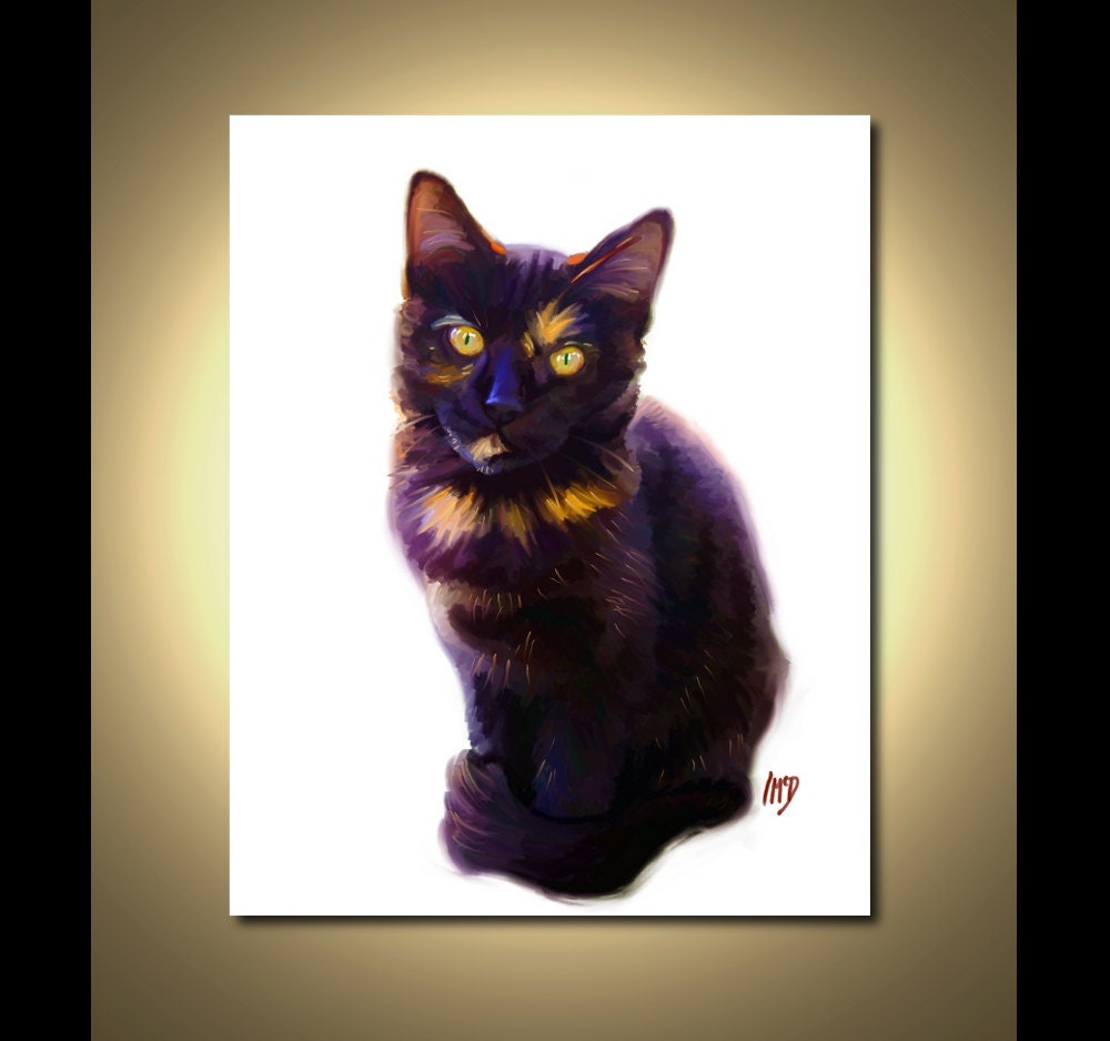 Cat Art Print - Black Cat Art 8x10, Cat Painting
