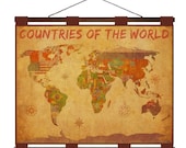 WORLD MAP with FLAGS 5f- Handmade Leather Wall Hanging - 16x12in Travel Art