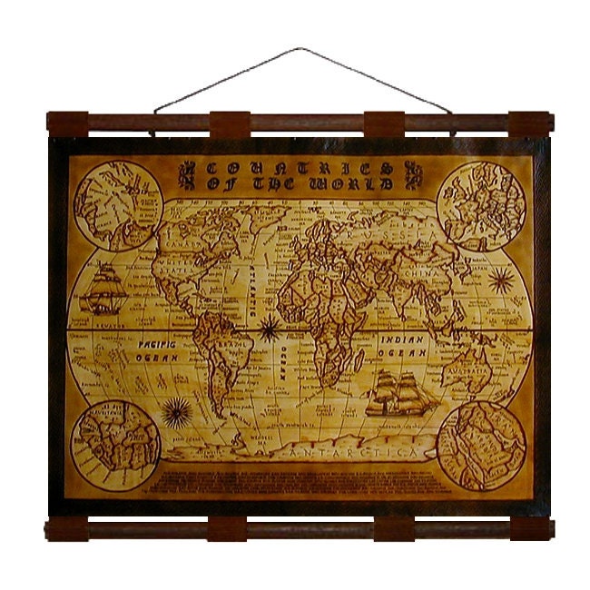 WORLD Map- Hand Burned Leather Wall Hanging -40x30 in.