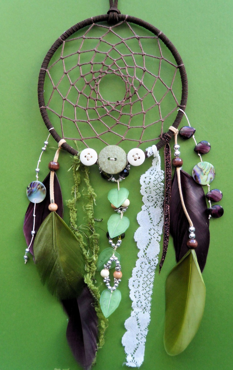 Dream Catcher  - Woodland - Unique - Green and Purple - Lace - Garden