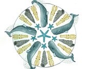 Whale - Original watercolor painting Ocean No. 2 - Sperm whales and sea shells - Baby nursery decor - Nautical home decor