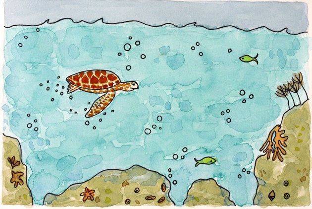 Original Watercolor Handpainted underwater art - Sea Turtle - One of a kind