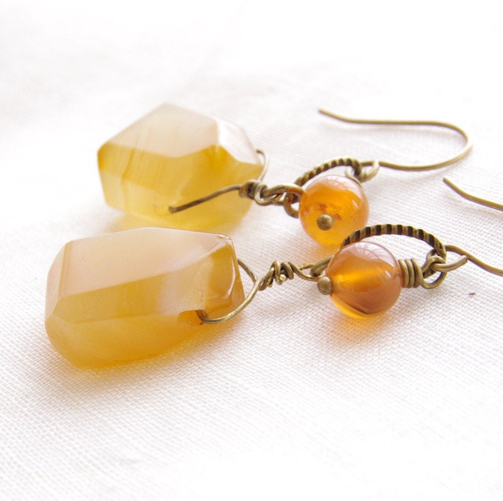 Carnelian Earrings Beaded Natural Stone Wire Wrapped Brass Bronze Gemstone Caramel Butterscotch Autumn Fall Rustic Jewelry