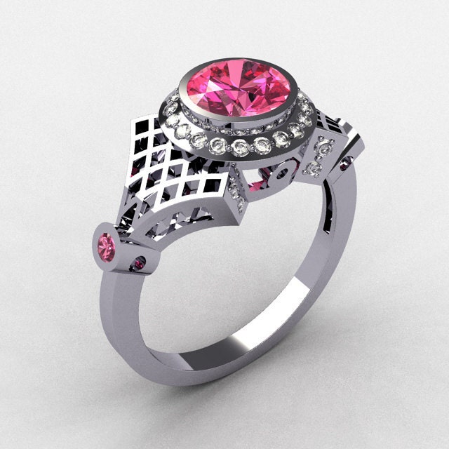 Modern Antique 14K White Gold Pave Diamond .80CT Round Rose Topaz Bridal Ring R55-14KWGDRT