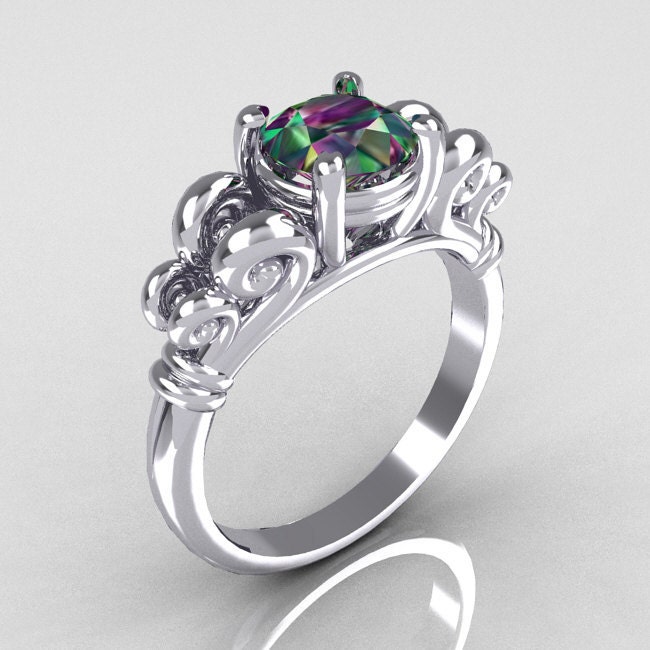 Modern Antique 14K White Gold 1.0 Carat Round Mystic Topaz Designer Solitaire Ring R141-14KWGMT