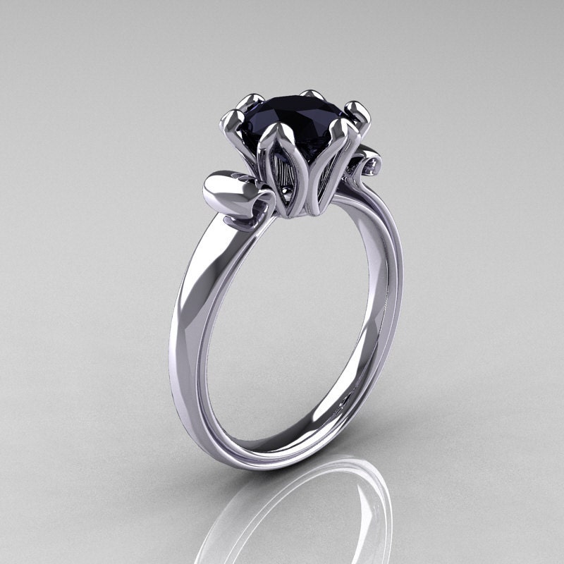 Modern Antique 14K White Gold 1.5 Carat Black Onyx Solitaire Engagement Ring AR127-14WGBO