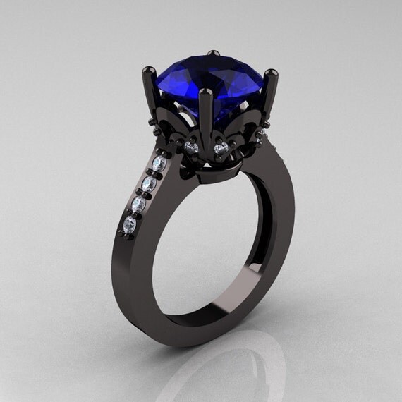Exclusive Classic 14K Black Gold 3.0 Carat Blue Sapphire Diamond Solitaire Wedding Ring R301-14BGDBS