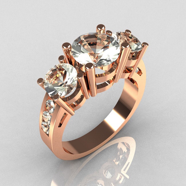 Contemporary 14K Rose Gold Three Stone 2.25 Carat Total Round Zirconia Accent Diamond Bridal Ring R94-14RGDCZ