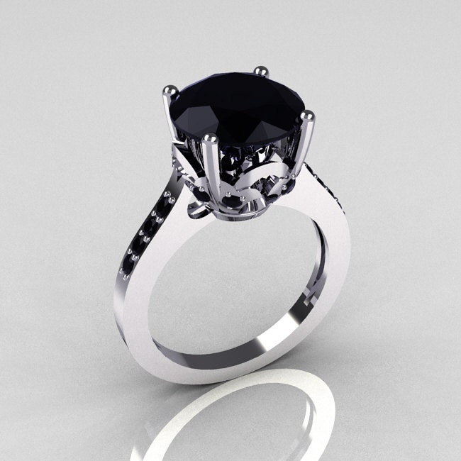 Classic 14K White Gold 3.5 Carat Black Diamond Solitaire Wedding Ring R301-14WGDBLL