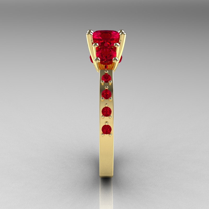 Classic French Bridal 18K Yellow Gold Three Stone 1.0 Carat Ruby Engagement Ring AR112-18KYGRRU
