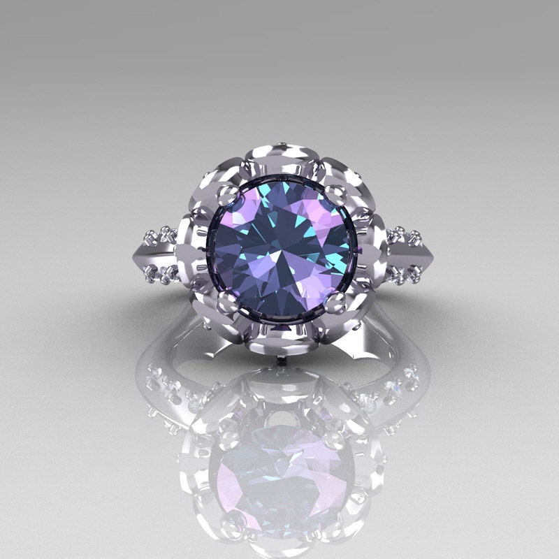 Classic 14K White Gold 3.0 Carat Chrysoberyl Alexandrite Diamond Greek Galatea Bridal Wedding Ring AR114-14KWGDAL