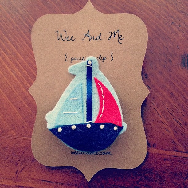 Felt Pacifier Clip - Blue & Red Sailboat - Baby Boy Present