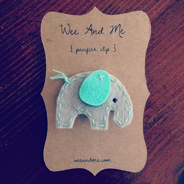 Grey & Aqua Elephant - Felt Pacifier Clip - Gender Neutral Baby Gift
