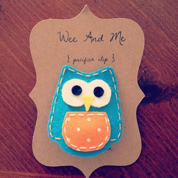Blue And Orange Owl - Felt Pacifier Clip - Wee and Me