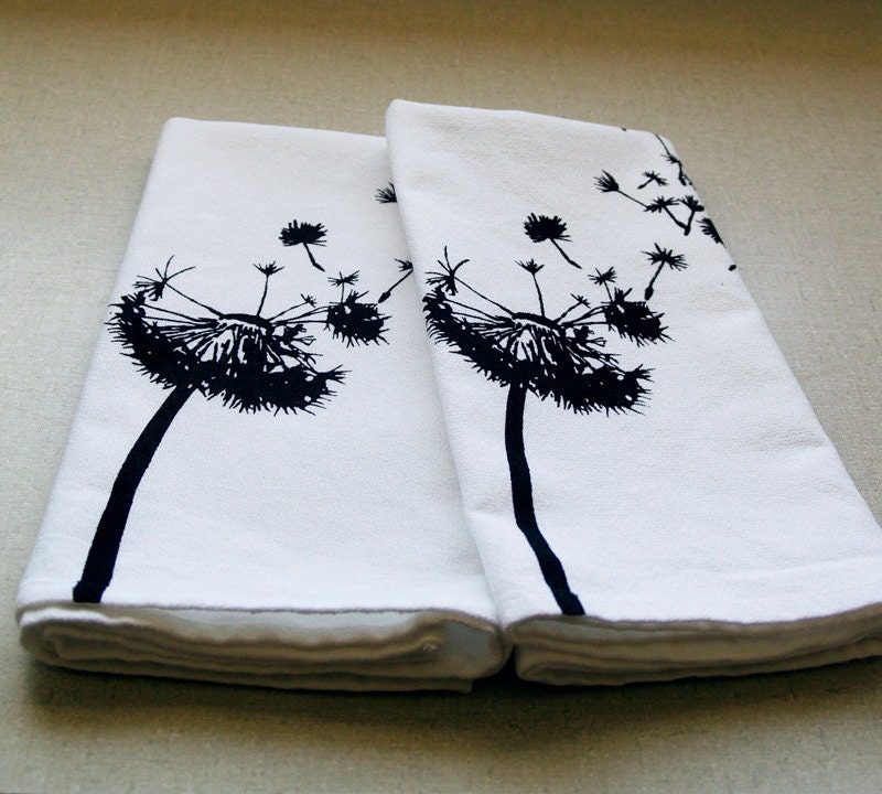 Dandelion Seeds Set of 2 White Cotton Napkins (Choose Your Ink Color)