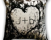 Personalized Carved Initials in Tree Bark Cotton Twill 14 x 14 Throw Pillow CASE ONLY