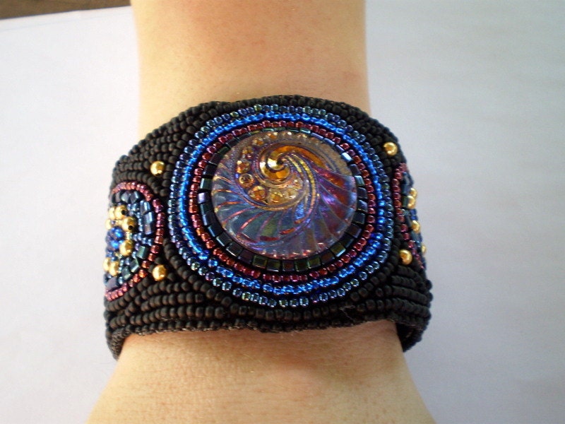 Bead Embroidery Bracelet Black Blue Gold Vibrant colors Seed bead bracelet