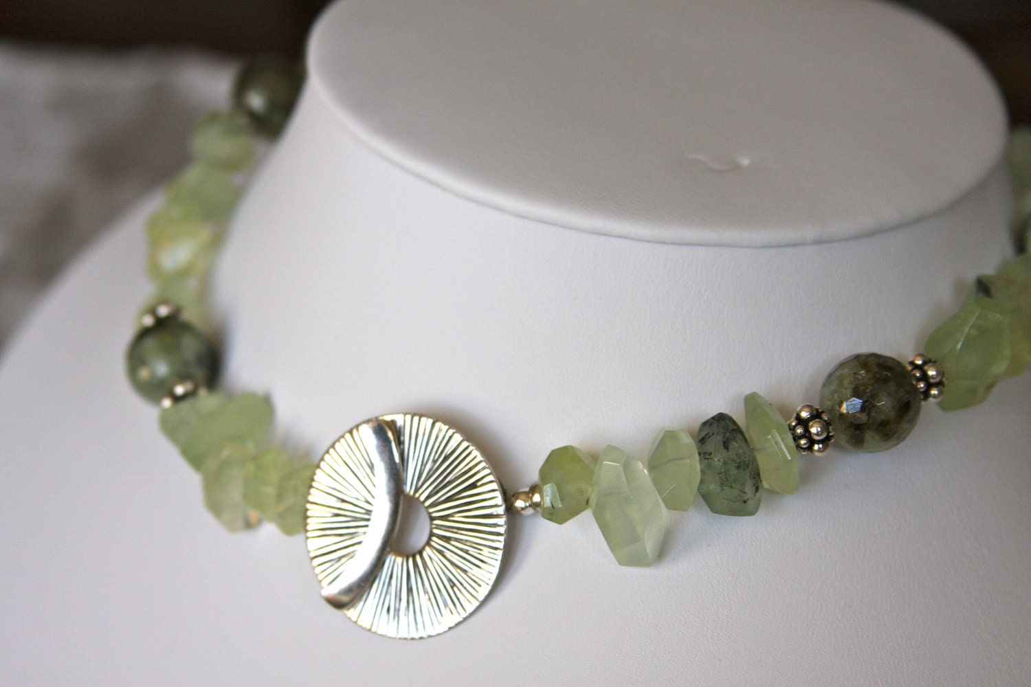 Prehnite necklace with sterling silver bali beads and sterling silver toggle