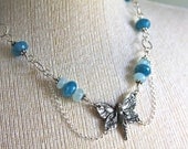 Necklace made with chalcedony and aquamarine stones, sterling chain and butterfly fairy pendant
