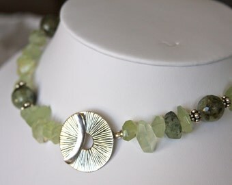 Prehnite necklace with sterling silver bali beads and sterling silver toggle