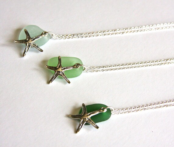 Sterling silver necklace with sea glass and sterling silver star fish charm