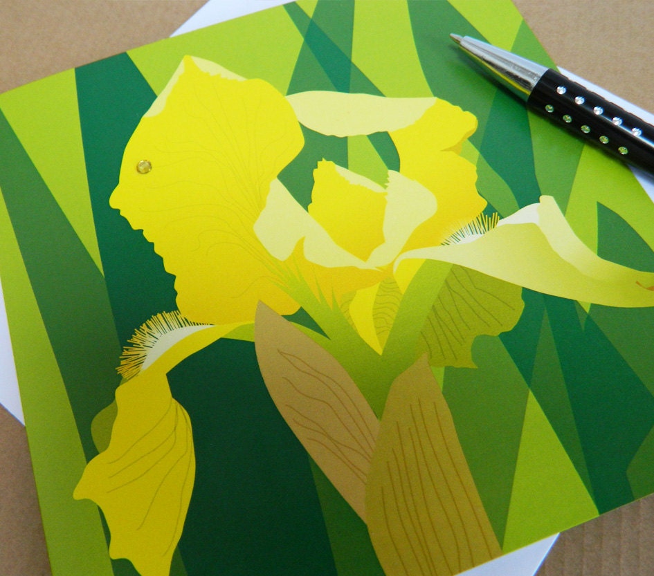 Yellow Bearded Iris Spring Card with Swarovski crystal