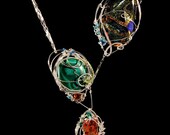 SOLD - Emerald Green and Blue Asymmetrical Fashion Statement Necklace: Dichroic Sterling Silver Wire Wrapped Necklace & Earring Set - OOAK