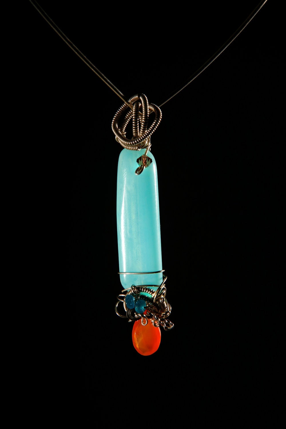 Boho Hippie Chic Wire Wrapped Natural Stone Pendant Necklace: Sterling Silver, Blue Opal & Carnelian  -  OOAK