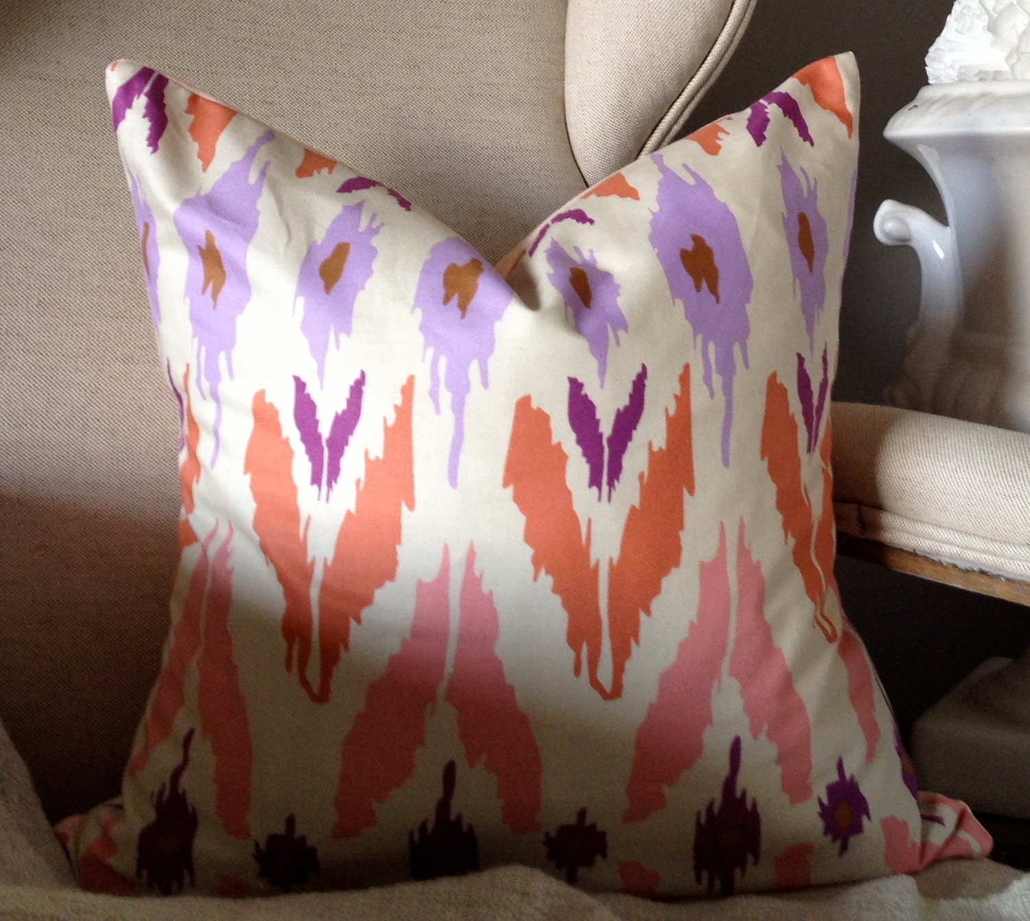 Reserved Listing for Megrund 1 Coral Pink & Purple Ikat Print Pillow Cover - 16''