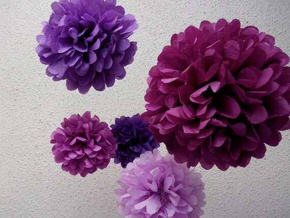 5 Tissue Paper Poms  in Purple Party