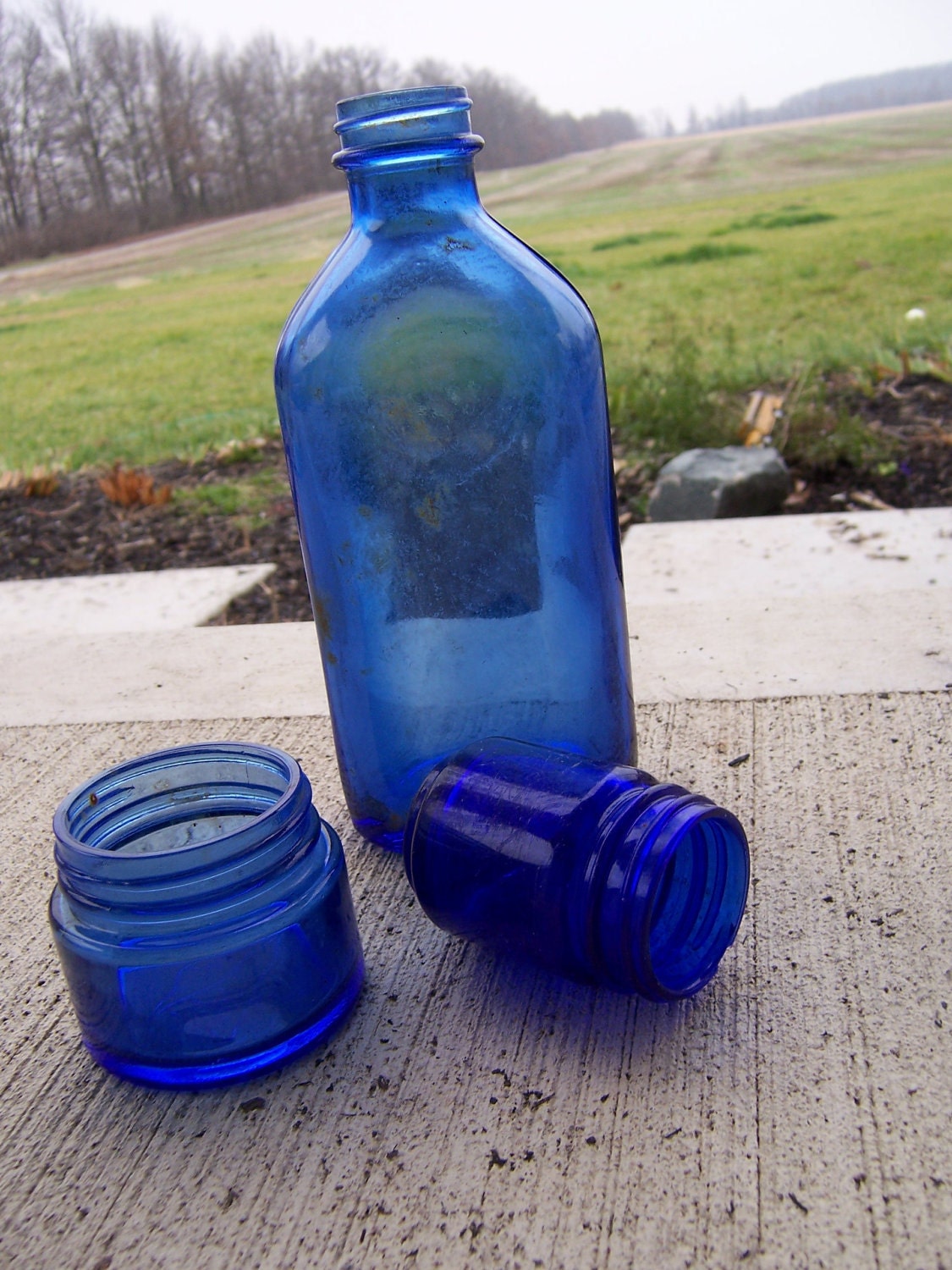 After Christmas SaleDeep cobalt blue instant collection of three vintage glass medicine bottles