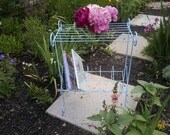 Upcycled deep sky blue wire magazine rack with shelf-vintage vinyl upcycled shelf/holder